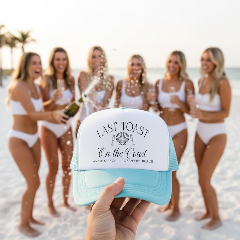 Last Toast Coastal Trucker Hats | Bach Trip Beachy 30a | Bachelorette Party Shell Design | Coast Theme Bridesmaid Party Bride Favor image 1