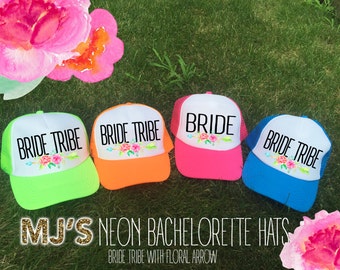 NEON Bachelorette Party Hat / BRIDE Floral Arrow Bridesmaid Neon Trucker Cap / Pool Party / Vegas Miami / Beach Vacation / Bridesmaid