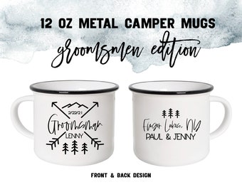 GROOMSMAN Camper Mug | Custom Front & Back Text | Mountains Rustic Wedding Arrow Design | Wedding Best Man Gift From Groom | Bridal Party