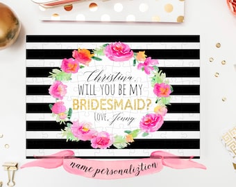 Puzzle Gift Will You Be My BRIDESMAID? PERSONZALIZED Options Puzzle Black Stripes GOLD Glitter 7x5 63 pieces Great Gift Quote Best Friends