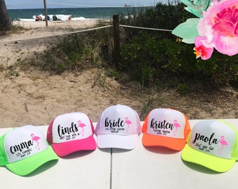 Neon Bachelorette Hats / Flamingo Hats with Custom Sayings and NAME / Bridal Party / Bridesmaids Maid of Honor / Vacation