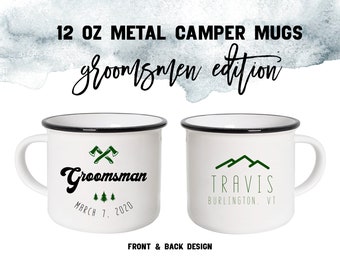 GROOMSMAN Camper Mug | Custom Front & Back Text | Outdoor Nature Design w/ Names, Date, Location | Wedding Best Man Gift From Groom | Bridal