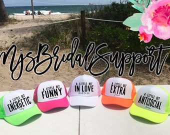 NEON Bachelorette Party Hat / Funny Personality Hats- A Little Bit CUSTOM saying / Pool Party / Vegas Miami / Beach Vacation