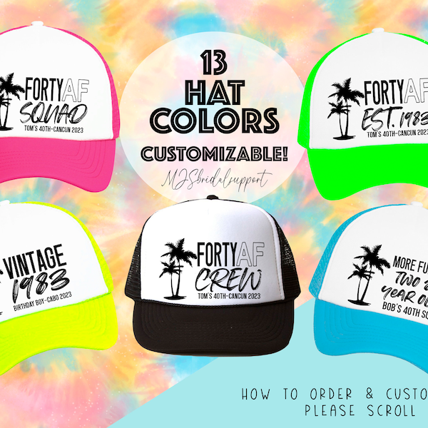 40 AF Squad Crew 40th Birthday Hats | 13 Colors | Vacation and Birthday 40th Bday Turning 40 Vintage Retro 1983 | Cabo Cancun Squad Vintage