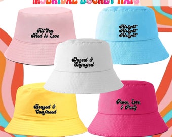 Retro Bachelorette Bucket Hat | 5 Colors to Choose | Custom Groovy Text Movie Sayings Bride Engaged Peace Love Boozed and Confused