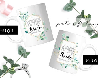 Mother and Father of the Bride Mug SET | Eucalyptus Gold Frame | Custom Date | Two Sizes to Choose | Dishwasher & Microwave Safe