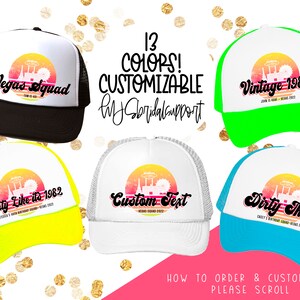 Retro Sunset Hats with Custom Text for VEGAS | 13 Colors to choose | Vacation and Birthday Trip Sunset 90&#39;s Trucker | 40th 30 Thirty Forty