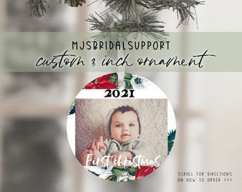 2021 ORNAMENT Baby Photo | First Christmas Baby Photo Xmas Tree Decoration | Christmas Gift | Newborn Picture with Text Overlay