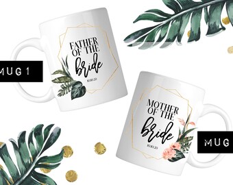 Mother and Father of the Bride Mug SET | Tropical Gold Frames | Custom Date | Two Sizes to Choose | Dishwasher & Microwave Safe