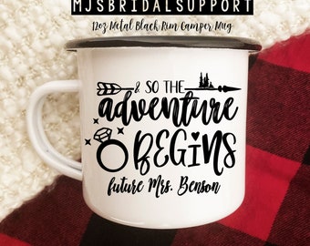 Engagement Announcement Future Mrs. Camper Mug | Custom Names on Bottom | Adventure Begins | Fall Wedding | Engagement Gift | Camping