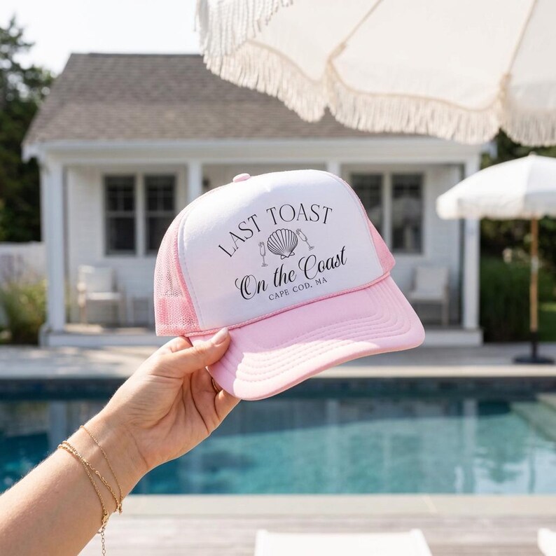 Last Toast Coastal Trucker Hats | Bach Trip Beachy 30a | Bachelorette Party Shell Design | Coast Theme Bridesmaid Party Bride Favor image 2