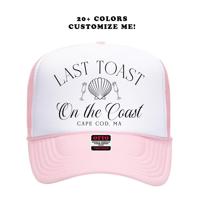 Last Toast Coastal Trucker Hats | Bach Trip Beachy 30a | Bachelorette Party Shell Design | Coast Theme Bridesmaid Party Bride Favor image 7