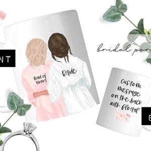 Custom Portrait BRIDESMAID mugs / Bride with Maid of Honor, Matron, Mother / Customize Hair, Skin, Robes, Names, Back / Bridal Illustration