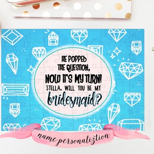 Puzzle Gift Will You Be My BRIDESMAID? PERSONZALIZED Options Puzzle Blue Diamond Engagement 7x5 63 pieces Great Gift Quote Best Friends