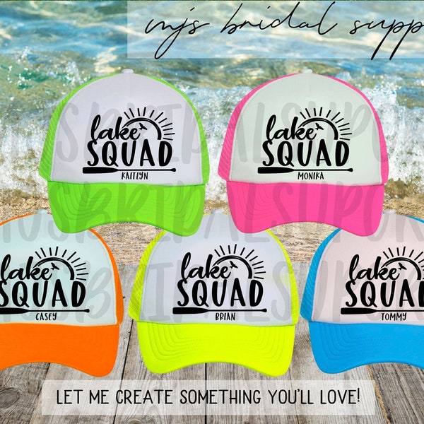 Neon LAKE Hats | Lake Squad Trucker Hats with Custom Name Paddle | Neon Bright Colors | Trucker Hat Adjustable | 10 colors