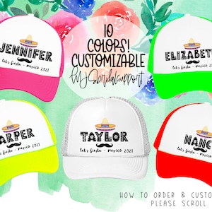 Mexico Name Trucker hats with Sombrero and Mustache / Party in Mexico Cabo Cancun / Bday Beach Girls Trip / Totally CUSTOM