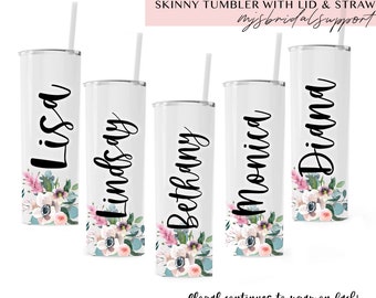 SKINNY TUMBER Bridal Bridesmaid | Boho Blush Eucalyptus Floral | Custom Name | 20oz Tumbler | Bridal Party Gift | Wedding Favor