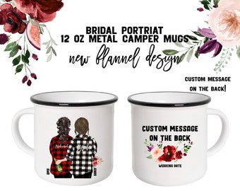 Custom Portrait Flannel BRIDESMAID mugs / Bride with Bridal Party Holding Champagne / Customize Hair, Skin, Names, Back / FALL WEDDING