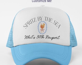 SPRITZ by the Sea Birthday Bachelorette Trucker Hat | Beach Cabana Club Girls Trip | Party Custom Line on Bottom | Funny Bach Bash Beach Hat