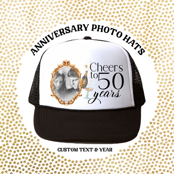 Custom Anniversary Hats | Party Favor for Wedding Celebration | 10 20 30 40 50 60 year Happy Anniversary | Wedding Photo in Vintage Frame