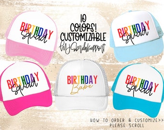 RAINBOW Birthday Babe and Squad Hats | 10 Colors to choose | Vacation and Birthday Bridal Girls Trip Miami Sunset 90's Trucker Hat