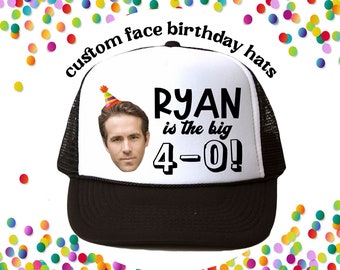 Custom Birthday FACE Hats | Party Favor for Birthday Celebration | Name is the BIG 30 40 50 60 70 Any Age | Small Party hat on Head Added