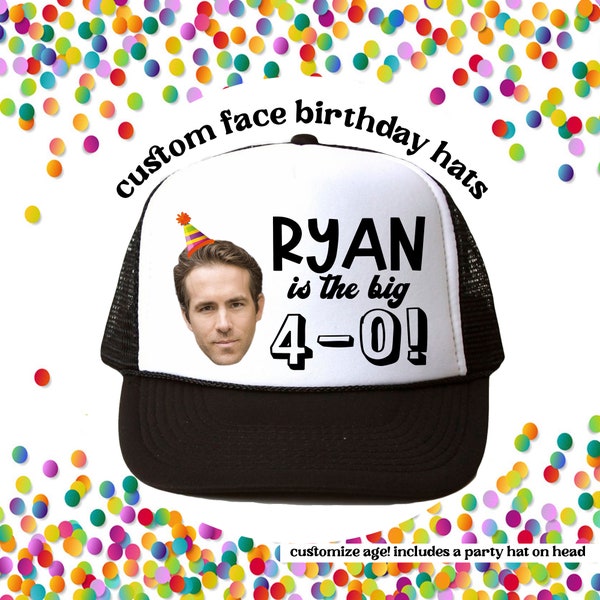 Custom Birthday FACE Hats | Party Favor for Birthday Celebration | Name is the BIG 30 40 50 60 70 Any Age | Small Party hat on Head Added