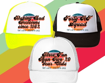 Retro Sunset Hats with Custom Text | 13 Colors to choose | Vacation and Birthday Trip Sunset 90's Trucker | 40th Birthday 40 funny Bday