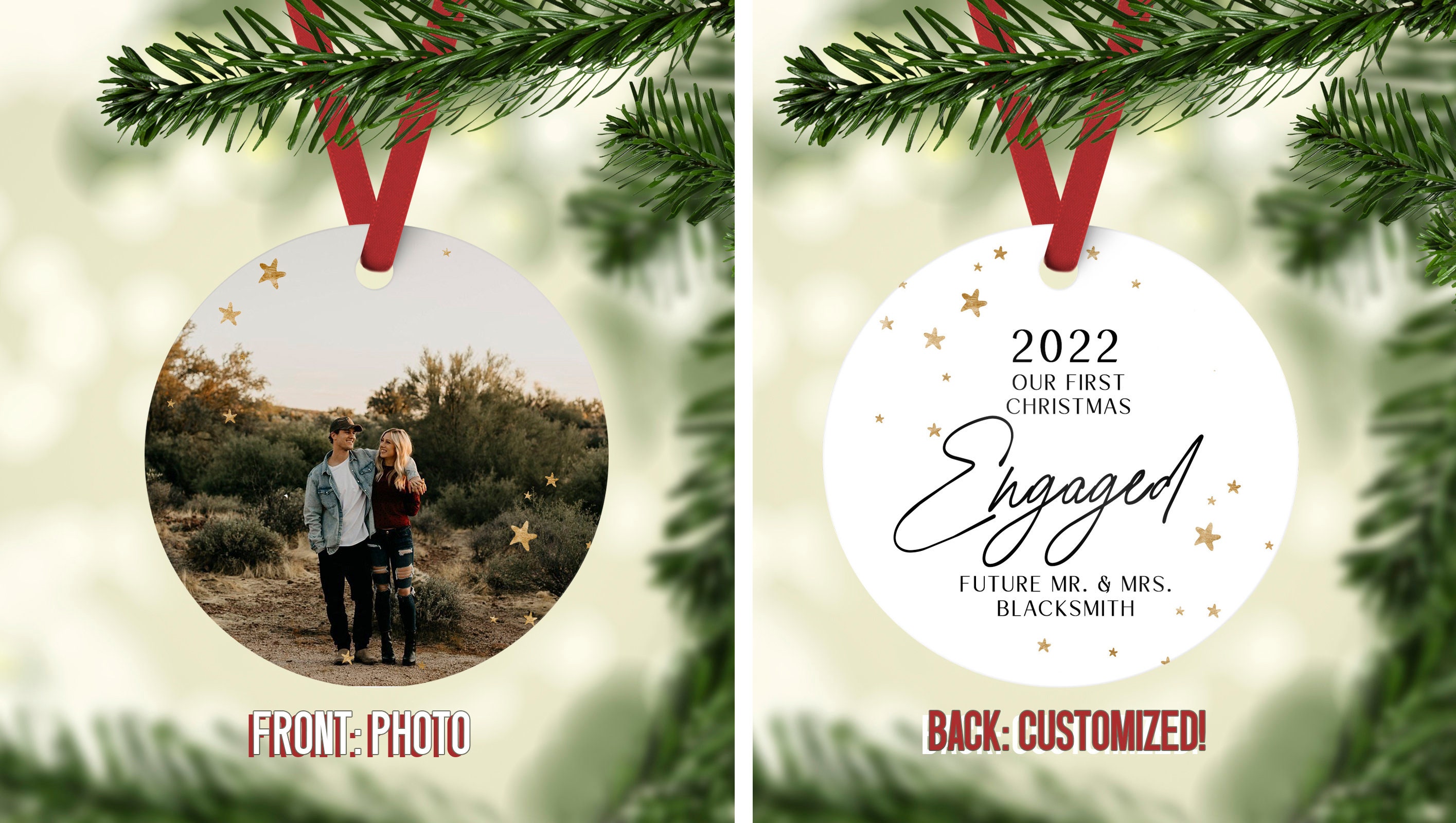 Personalized Photo Christmas Ornament With Couple Name, First Married Christmas Tree Hanging Keepsake, Christmas/Engagement Gift For Couple/Family