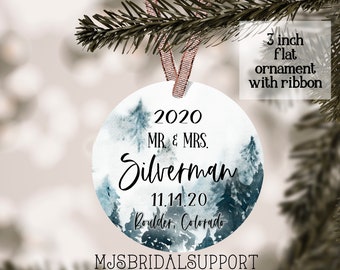 2020 ORNAMENT | Mr & Mrs Custom Name | 2020 Wedding Date Woods Design Watercolor in Blues