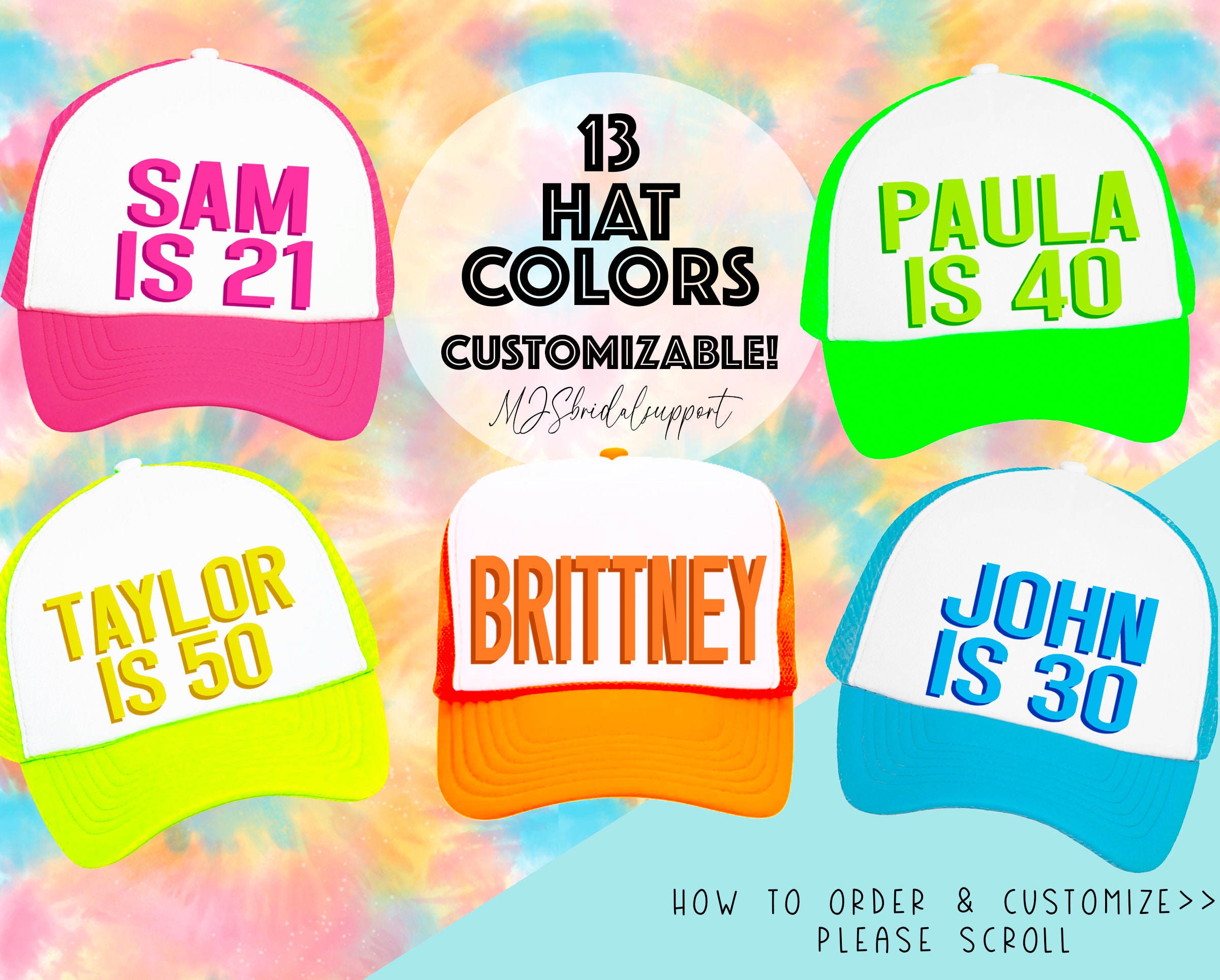 NEON BIRTHDAY Trucker hats / Custom NAME and Age / Birthday Pool Party Beach Trip / 21 30 40 50 60 Bday Simple 21st 30th 40th 50th