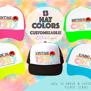 Retro Sunset Hats with Custom Text | 13 Colors to choose | Vacation and Birthday Trip Sunset 90&#39;s Trucker | 40th Birthday 40 funny Bday