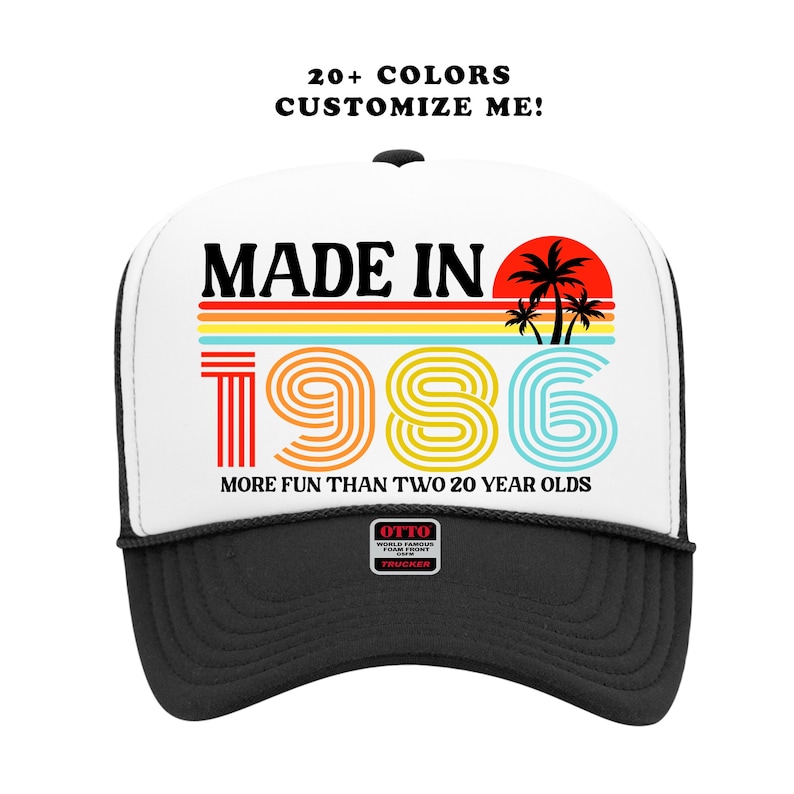 Texte fait sur commande de chapeaux de soleil rétro | Mexique Beach vintage Fabriqué en | Camionneur Sunset des années 90 pour les vacances et les anniversaires | 40 ans 40 anniversaires amusants image 6