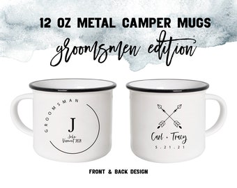 GROOMSMAN Camper Mug | Custom Front & Back Text | Mountains Rustic Wedding Initial Circle | Wedding Best Man Gift From Groom | Bridal Party