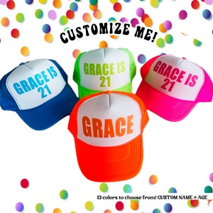 NEON BIRTHDAY Trucker hats / Custom NAME and Age / Birthday Pool Party Beach Trip / 21 30 40 50 60 Bday Simple 21st 30th 40th 50th