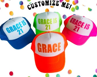 NEON BIRTHDAY Trucker hats / Custom NAME and Age / Birthday Pool Party Beach Trip / 21 30 40 50 60 Bday Simple 21st 30th 40th 50th