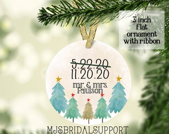 2021 ORNAMENT | PostPoned Wedding Rescheduled Wedding | Mr & Mrs Custom Name Eventually | Two dates | Christmas Watercolor Trees