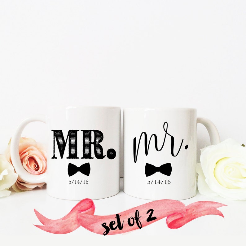 Mr. & Mr. Wedding Coffee Mug / Newlywed Gift Wedding Groom Husband Gay LGBT with date Custom 11 oz or 15 oz Ceramic Dishwasher Safe image 1