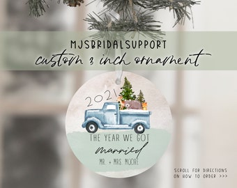 2021 Christmas ORNAMENT | Christmas Santa Truck Mr. & Mrs. Custom Last Name | Newlywed Gift Holidays | Small Keepsake Couple | 2020 Wedding