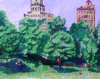 Brooklyn, Prospect Park, Hot Day, 12 by 18 inches, sharpie markers, July, 2013.