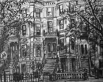 Original drawing, Brooklyn, New York, black and white, Brownstones, President Street, compressed charcoal, 14 by 17 inches, November, 2013.