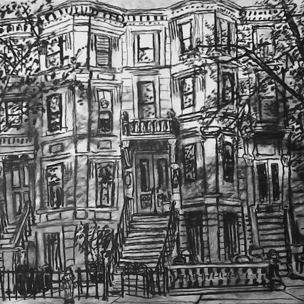 Original drawing, Brooklyn, New York, black and white, Brownstones, President Street, compressed charcoal, 14 by 17 inches, November, 2013.