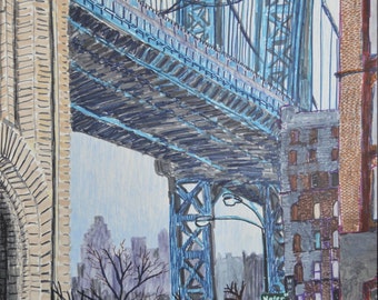 Manhattan Bridge, DUMBO, NYC, Brooklyn, Bridge,  New York City, East River, Drawing, 16 by 20 inches, Bridges, New York, NYC