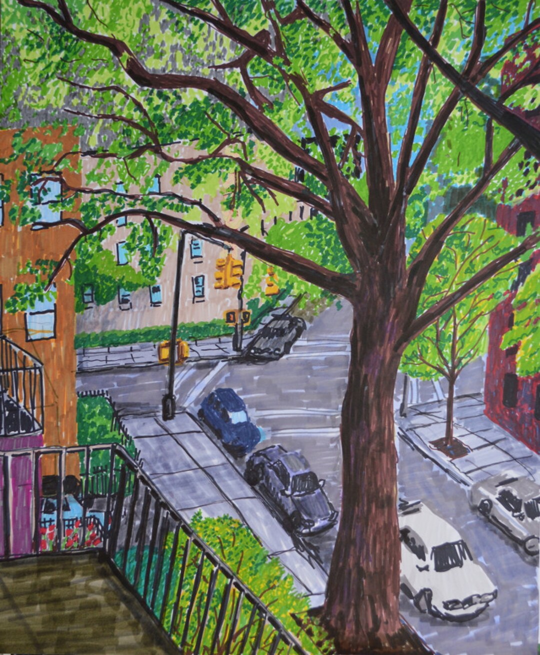 New York City Street Corner, Brooklyn, Bay Ridge, Spring Tree, Markers