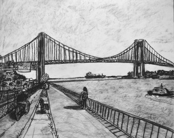 Verrazano Narrows Running Path, charcoal on paper, 14 by 17 inches, Brooklyn. drawing, new york city, black and white, bridge