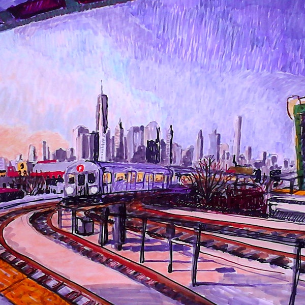 Brooklyn, NYC, F Train, Approaching Smith and 9th Street Subway Platform, color drawing,
