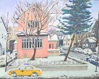 Taxi in Snow, Brooklyn Street,  Bay Ridge, New York City, New York, original drawing,