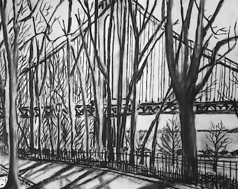 Shore Road, Verrazano Bridge, charcoal on paper, 14 by 17 inches.