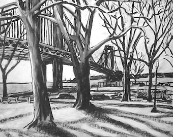 Verrazano Bridge from Fort Hamilton, charcoal on paper, 14 by 17 inches.