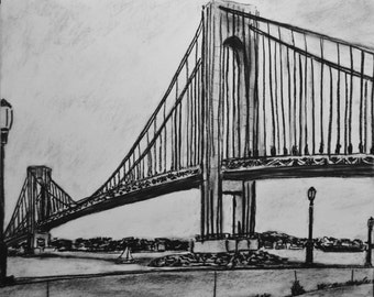 Verrazano Bridge from the East, NYC, Bay Ridge, Brooklyn, Staten Island, NYC Harbor, drawing, fine art, print